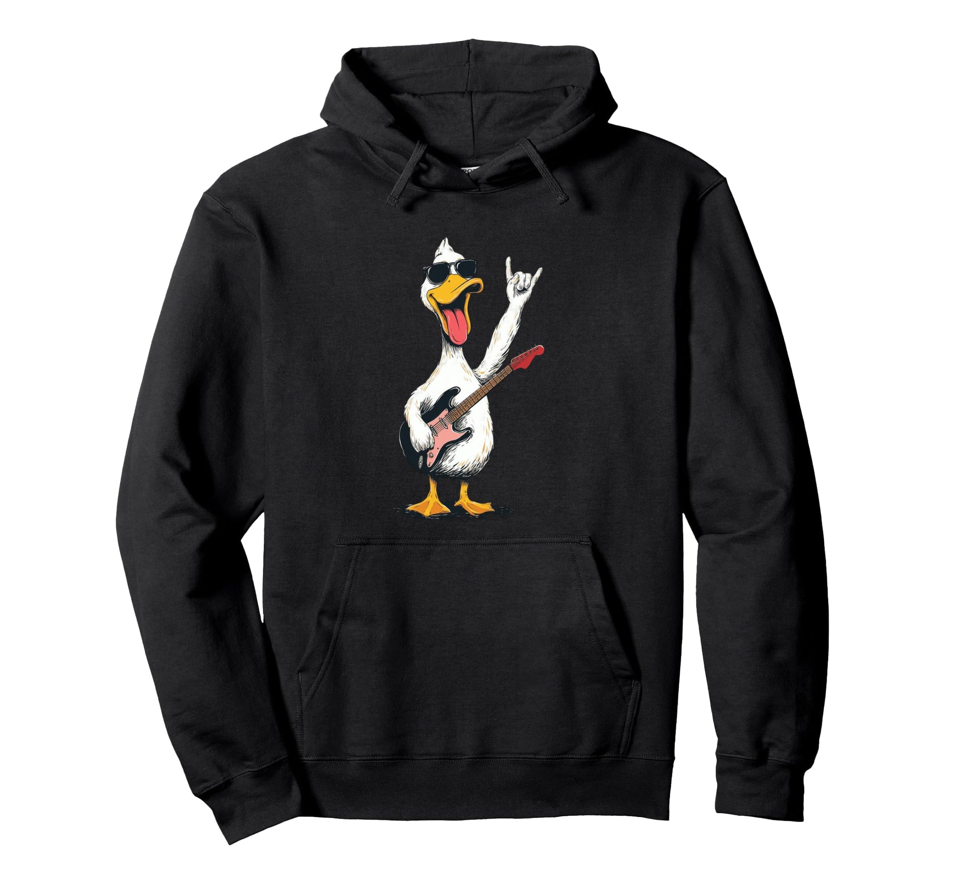 Funny Rock Duck Cartoon Guitar Player Hoodie - Graphic Print Unisex - T-Shirt, Sweatshirt, Hoodie
