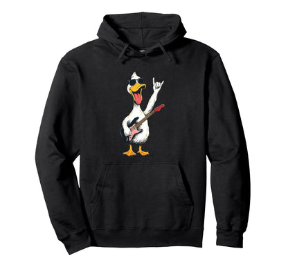 Funny Rock Duck Cartoon Guitar Player Hoodie - Graphic Print Unisex - T-Shirt, Sweatshirt, Hoodie