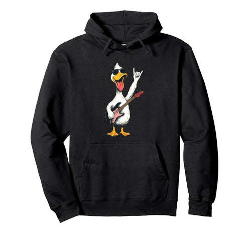 Funny Rock Duck Cartoon Guitar Player Hoodie - Graphic Print Unisex - T-Shirt, Sweatshirt, Hoodie