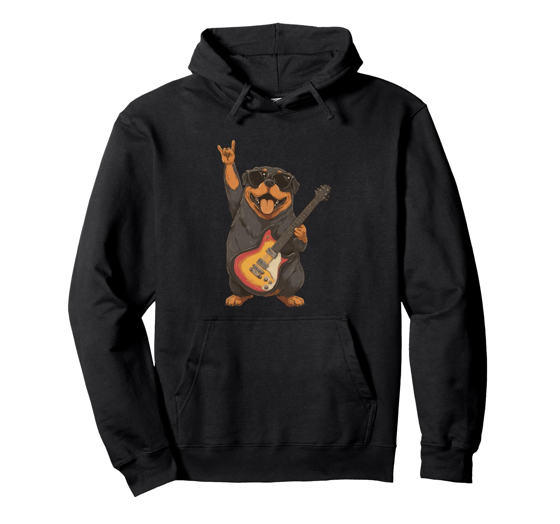 Rottweiler Dog Playing Guitar Rocker Hoodie - Unique Graphic Men Women - T-Shirt, Sweatshirt, Hoodie
