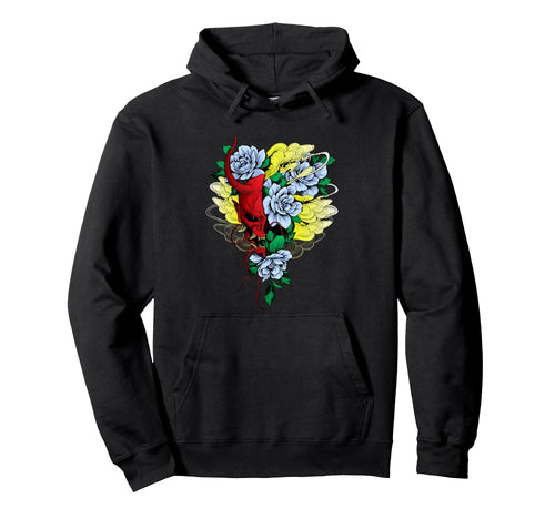 Japanese Oni Mask Flower Aesthetic Hoodie - Minimalist Print Men Women - T-Shirt, Sweatshirt, Hoodie