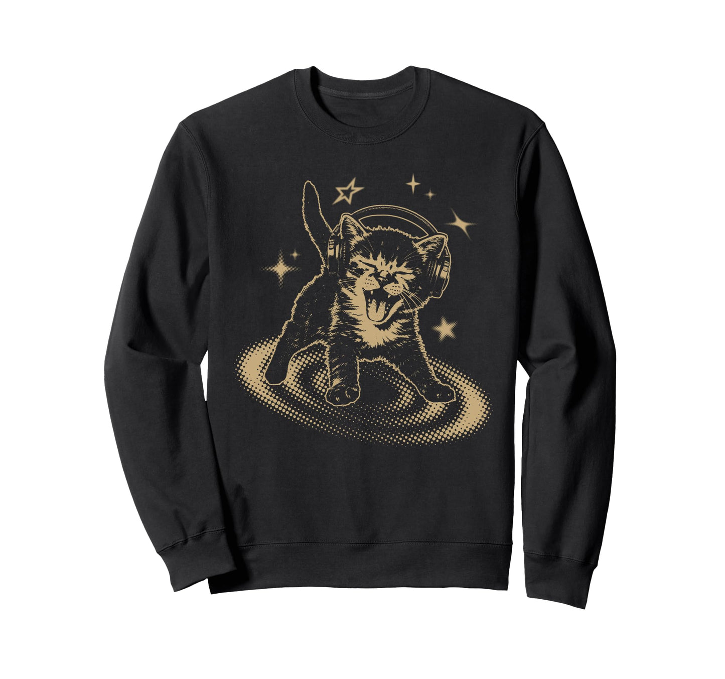 90S Y2K Cat Headphones Stars Sweatshirt - Custom Art Print for Adults - T-Shirt, Sweatshirt, Hoodie