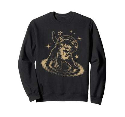 90S Y2K Cat Headphones Stars Sweatshirt - Custom Art Print for Adults - T-Shirt, Sweatshirt, Hoodie