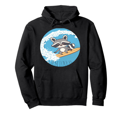 Kawaii Surfer Raccoon Steam Wave Casual Hoodie - Unique Graphic Men Women - T-Shirt, Sweatshirt, Hoodie