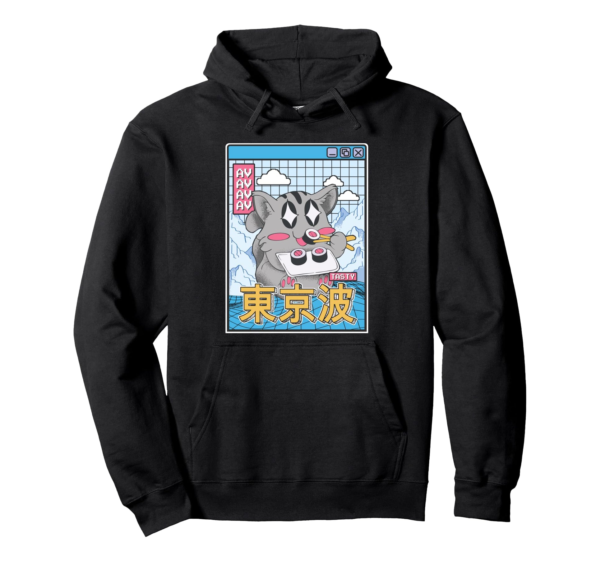 Happy Cat Eating Sushi Vaporwave Hoodie - Aesthetic Graphic for Adults - T-Shirt, Sweatshirt, Hoodie