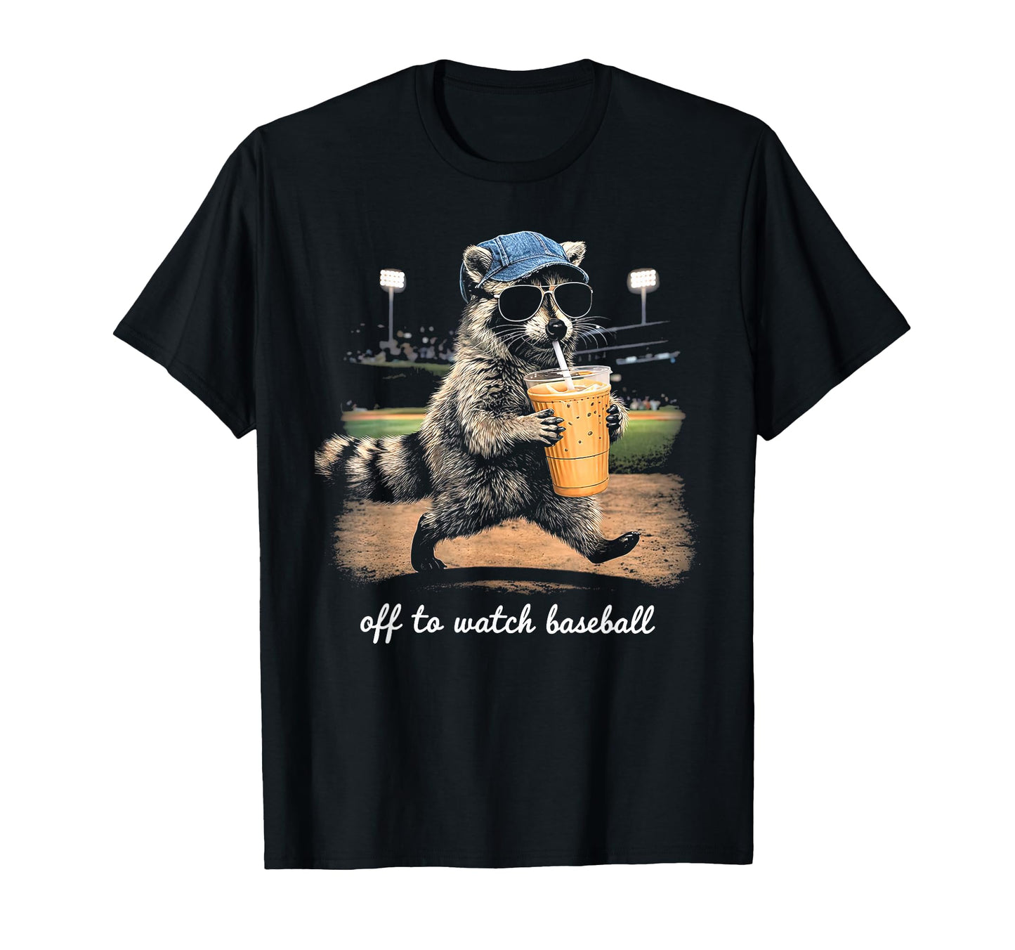 Off To Watch Baseball Raccoon Drinking T-Shirt - Aesthetic Graphic Unisex - T-Shirt, Sweatshirt, Hoodie