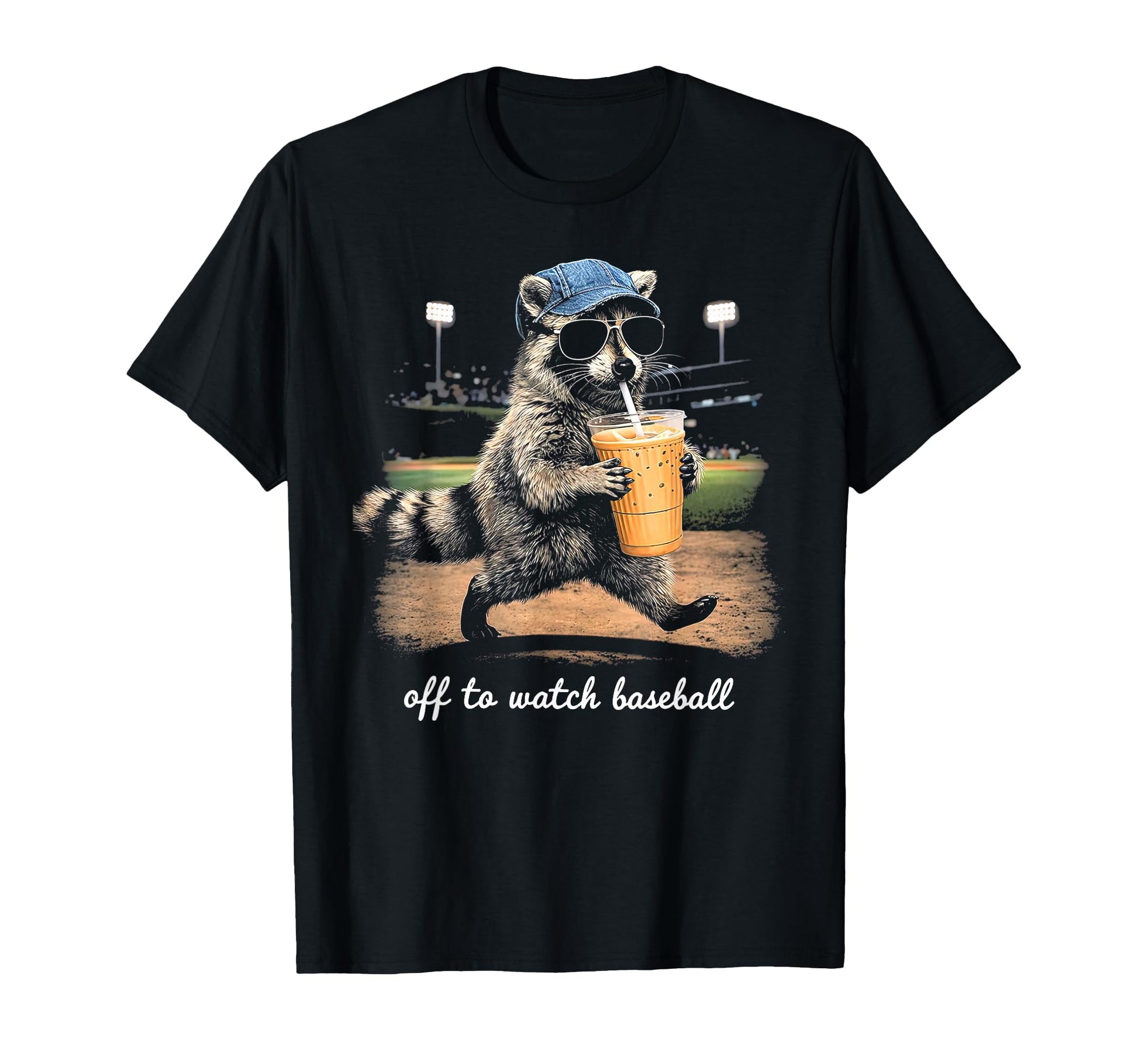Off To Watch Baseball Raccoon Drinking T-Shirt - Aesthetic Graphic Unisex - T-Shirt, Sweatshirt, Hoodie