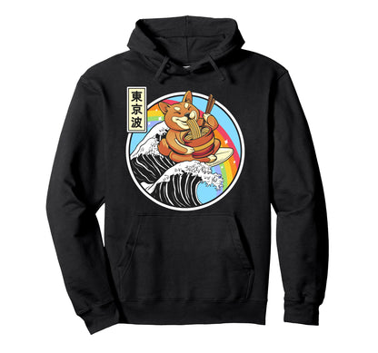 Shiba Inu Eating Ramen Surfing Kanagawa Hoodie - Unique Graphic Unisex - T-Shirt, Sweatshirt, Hoodie