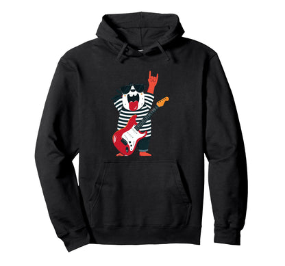 Cartoon Dog Guitar Player Rock Hoodie - Casual Everyday Wear Men Women - T-Shirt, Sweatshirt, Hoodie