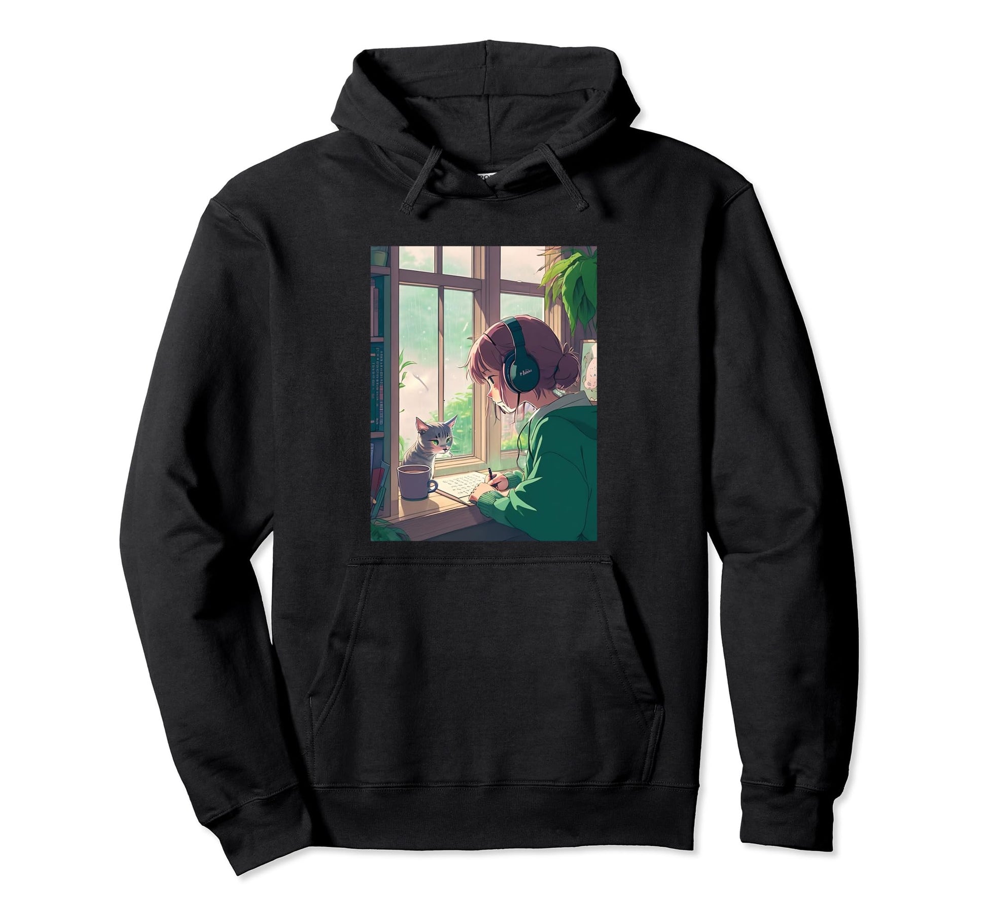 Lofi Anime Headphones Cat 90S Hoodie - Casual Everyday Wear Unisex - T-Shirt, Sweatshirt, Hoodie