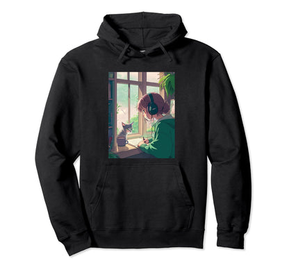 Lofi Anime Headphones Cat 90S Hoodie - Casual Everyday Wear Unisex - T-Shirt, Sweatshirt, Hoodie