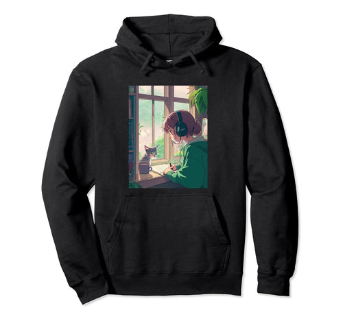 Lofi Anime Headphones Cat 90S Hoodie - Casual Everyday Wear Unisex - T-Shirt, Sweatshirt, Hoodie
