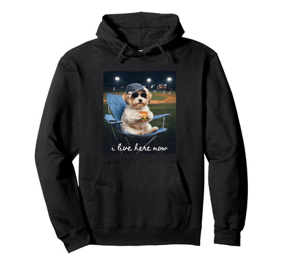 Funny Baseball Mom Morkie Dog I Live Here Now Hoodie - Graphic Print Unisex - T-Shirt, Sweatshirt, Hoodie