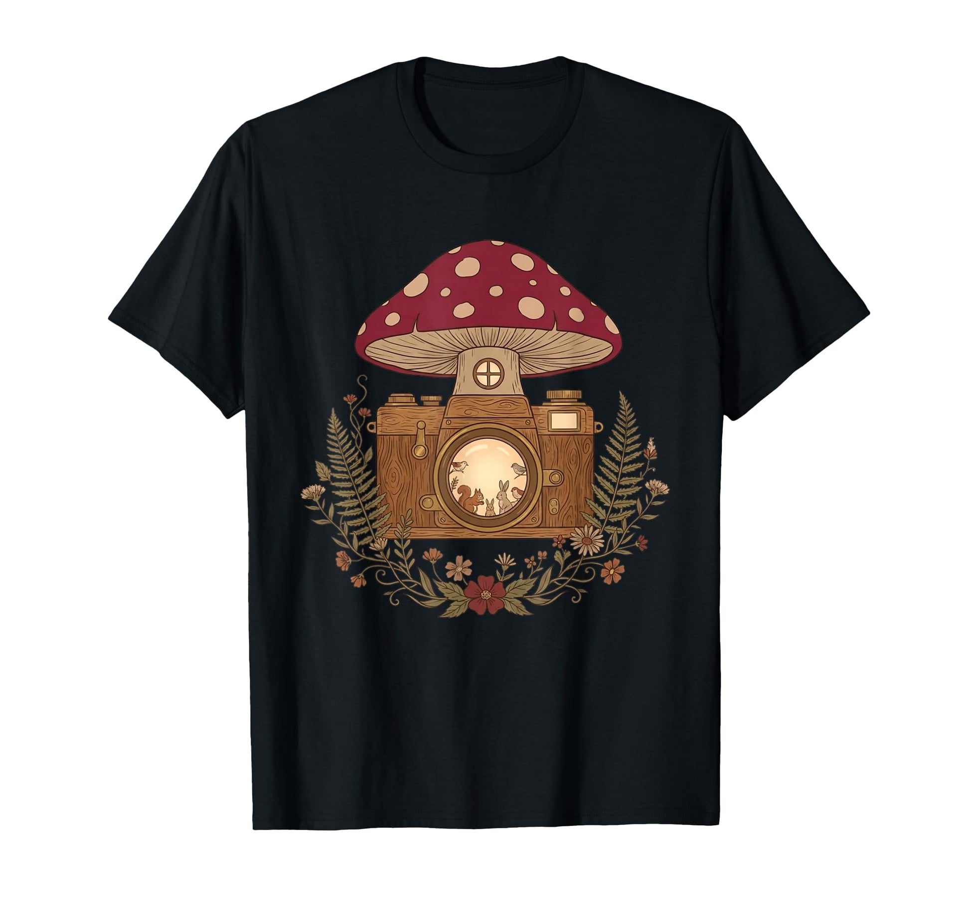 Mushroom Camera Forest Friends Art T-Shirt - Graphic Print for Adults - T-Shirt, Sweatshirt, Hoodie