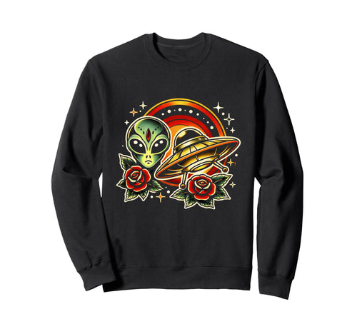 Alien Ufo Tattoo Roses Space Sweatshirt - Aesthetic Graphic Men Women - T-Shirt, Sweatshirt, Hoodie