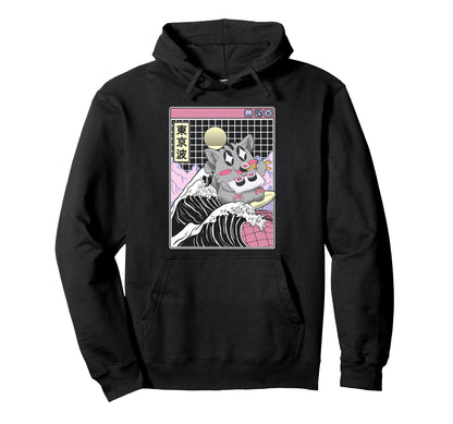 Cat Eating Sushi Surfing Kanagawa Wave Hoodie - Custom Art Print Unisex - T-Shirt, Sweatshirt, Hoodie