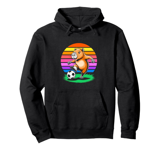 Capybara Soccer Star Rainbow Sunset Hoodie - Streetwear Style for Adults - T-Shirt, Sweatshirt, Hoodie