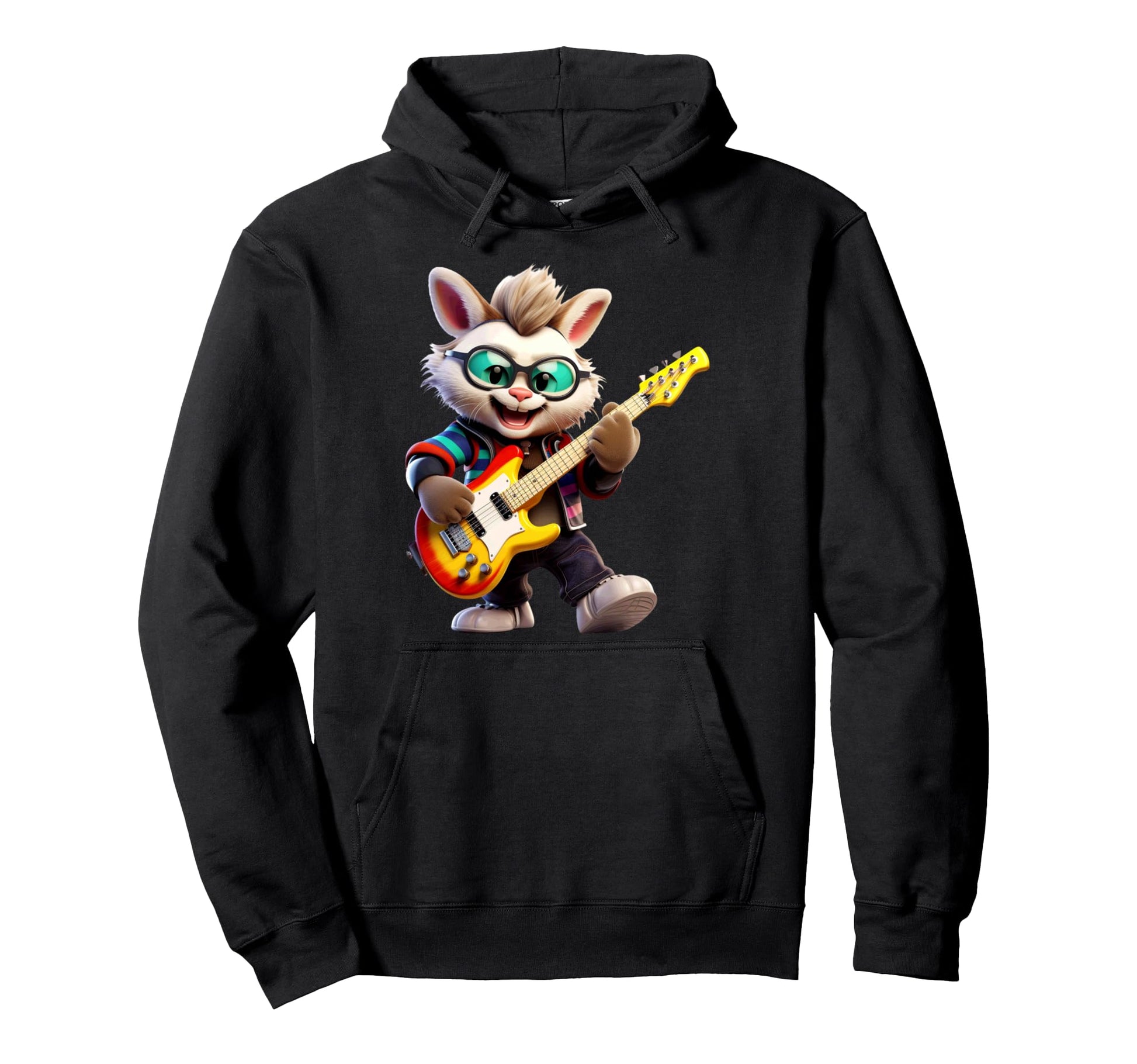 Bunny Playing Electric Guitar Rocker Hoodie - Novelty Apparel for Adults - T-Shirt, Sweatshirt, Hoodie