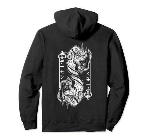 Backprint Japanese Oni Mask Demon Mask Hoodie - Aesthetic Graphic Unisex - T-Shirt, Sweatshirt, Hoodie