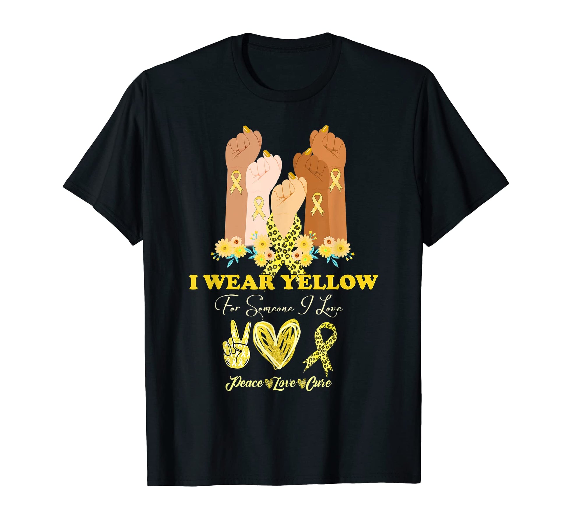 Hand Fist Childhood Cancer Peace Love Cure T-Shirt - Unique Graphic Unisex - T-Shirt, Sweatshirt, Hoodie