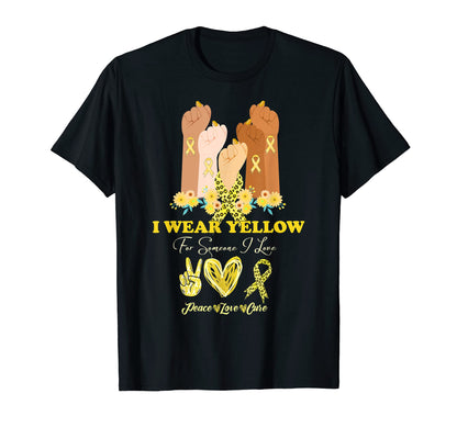 Hand Fist Childhood Cancer Peace Love Cure T-Shirt - Unique Graphic Unisex - T-Shirt, Sweatshirt, Hoodie