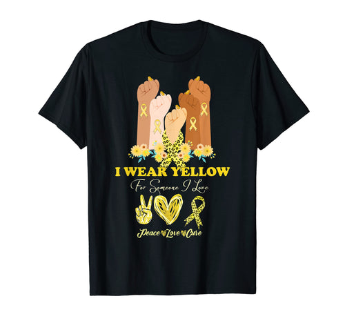Hand Fist Childhood Cancer Peace Love Cure T-Shirt - Unique Graphic Unisex - T-Shirt, Sweatshirt, Hoodie