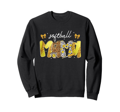 Softball Mama Leopard Coquette Bow Sweatshirt - Trendy Graphic for Adults - T-Shirt, Sweatshirt, Hoodie