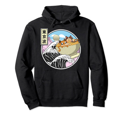 Surfing Cats Eating Ramen Bowl Japanese Hoodie - Fun Novelty Design Unisex - T-Shirt, Sweatshirt, Hoodie