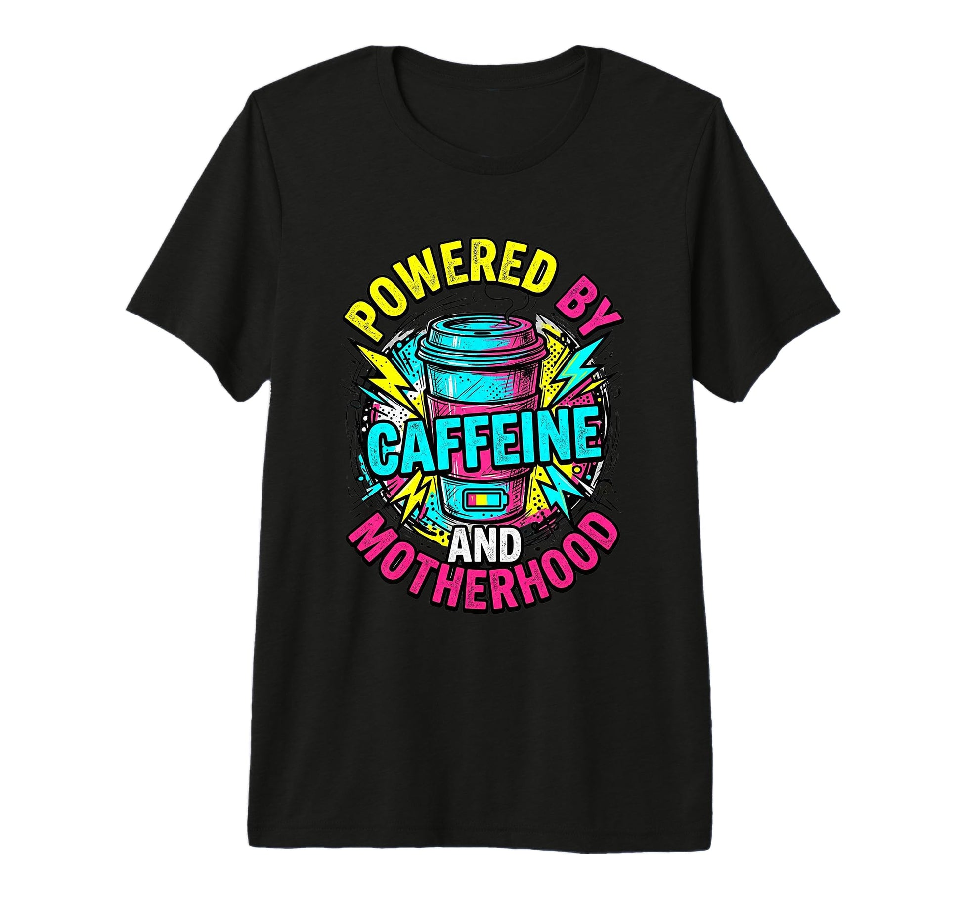 Powered Caffeine And Motherhood 90S T-Shirt - Graphic Print for Adults - T-Shirt, Sweatshirt, Hoodie