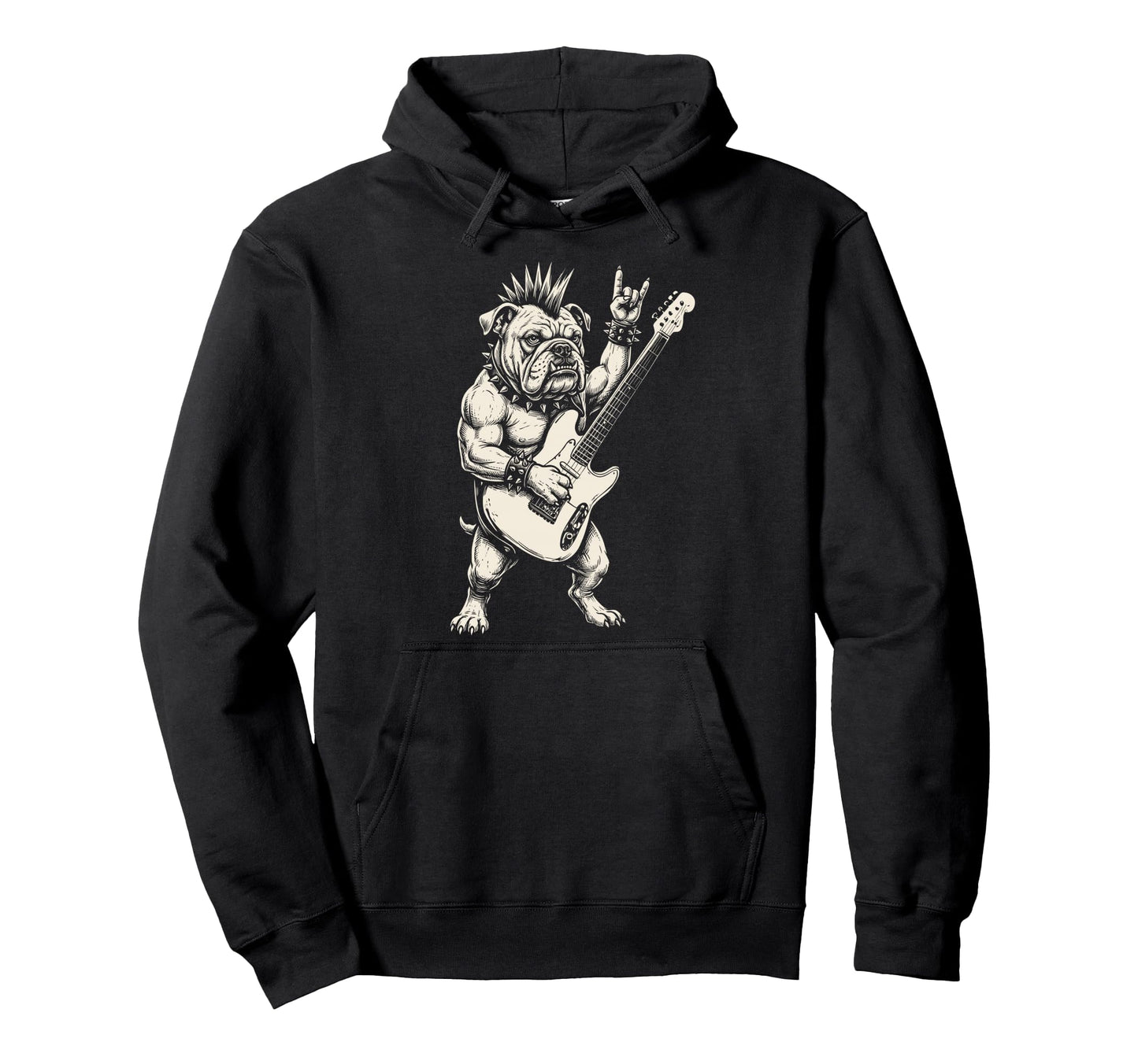 Funny Bulldog Dog Playing Guitar Rock Hoodie - Custom Art Print Men Women - T-Shirt, Sweatshirt, Hoodie