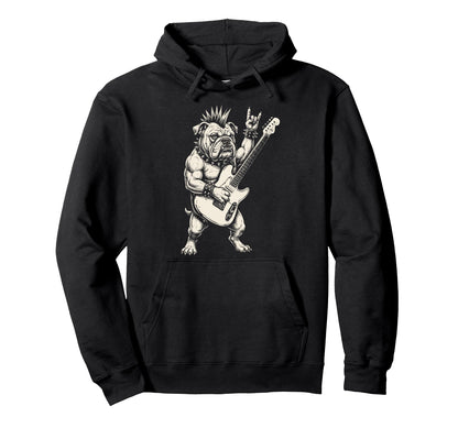 Funny Bulldog Dog Playing Guitar Rock Hoodie - Custom Art Print Men Women - T-Shirt, Sweatshirt, Hoodie