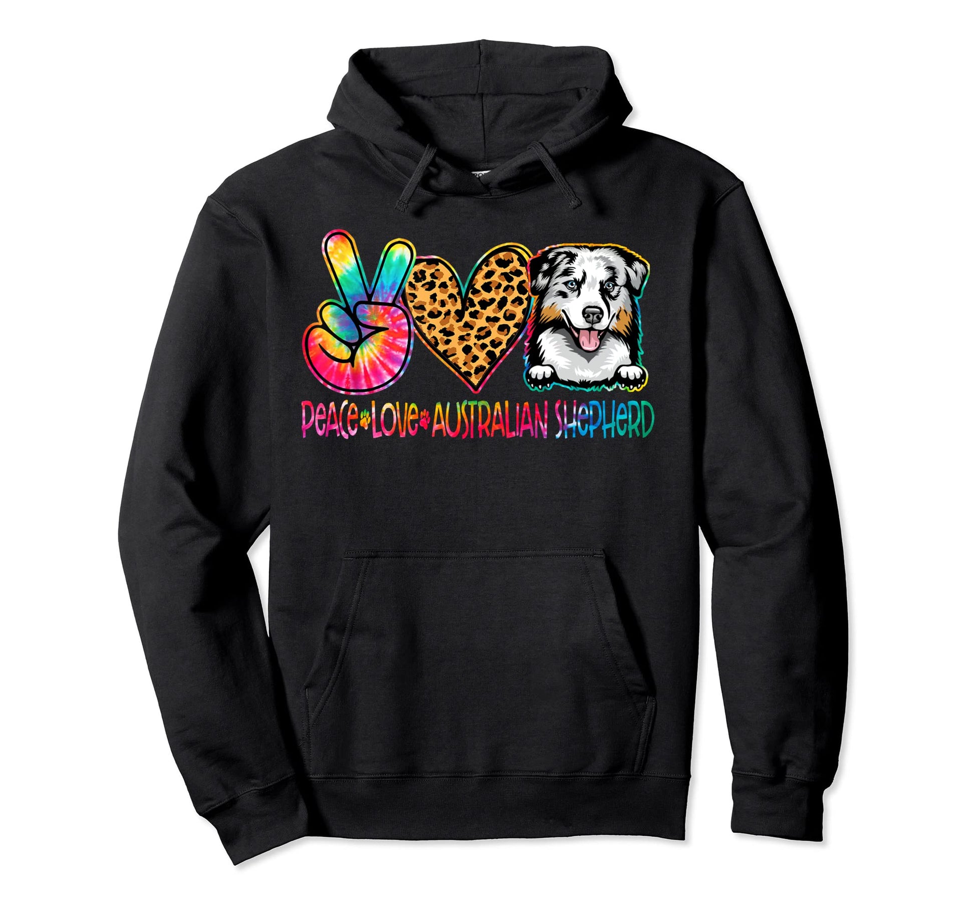 Peace Love Australian Shepherd Tie Hoodie - Aesthetic Graphic Men Women - T-Shirt, Sweatshirt, Hoodie