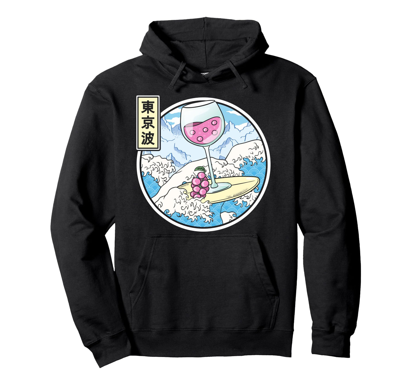 Surfing Wine Glass Japan Waves Kawaii Hoodie - Custom Art Print Men Women - T-Shirt, Sweatshirt, Hoodie