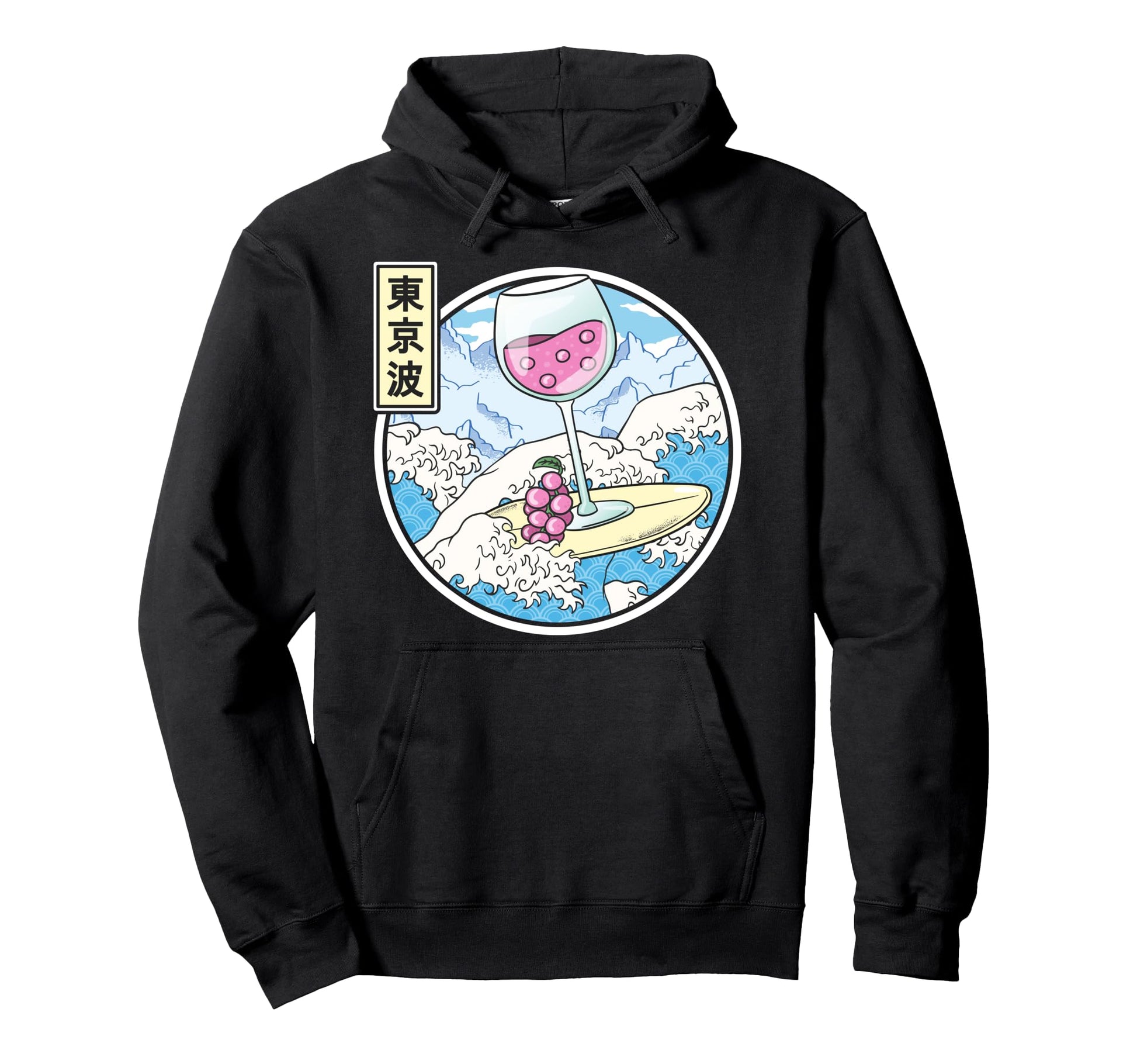 Surfing Wine Glass Japan Waves Kawaii Hoodie - Custom Art Print Men Women - T-Shirt, Sweatshirt, Hoodie
