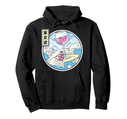 Surfing Wine Glass Japan Waves Kawaii Hoodie - Custom Art Print Men Women - T-Shirt, Sweatshirt, Hoodie