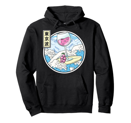 Surfing Wine Glass Japan Waves Kawaii Hoodie - Custom Art Print Men Women - T-Shirt, Sweatshirt, Hoodie