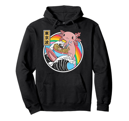 Axolotl Eating Ramen Kanagawa Wave Kawaii Hoodie - Custom Art Print Unisex - T-Shirt, Sweatshirt, Hoodie