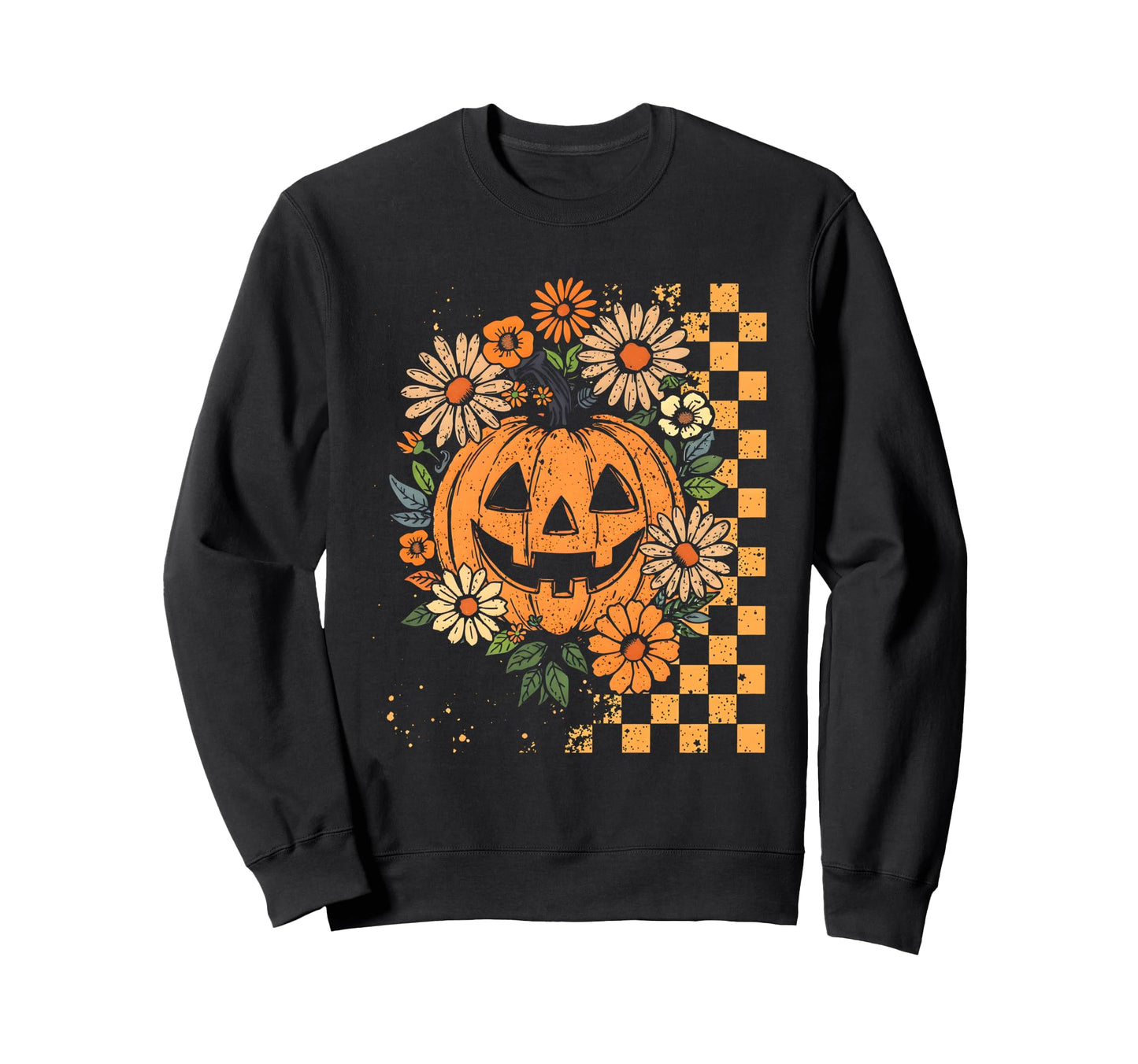 Floral Checkered Boho Pumpkin Sweatshirt - Trendy Graphic Men Women - T-Shirt, Sweatshirt, Hoodie