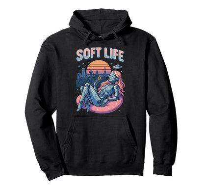 Soft Life Robot Retrofuture City Y2K Hoodie - Aesthetic Graphic for Adults - T-Shirt, Sweatshirt, Hoodie