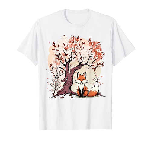 Fox Cherry Blossom Japanese Aesthetic T-Shirt - Minimalist Print Unisex - T-Shirt, Sweatshirt, Hoodie