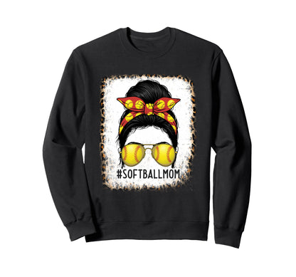 Funny Softball Mom Messy Bun Sweatshirt - Aesthetic Graphic for Adults - T-Shirt, Sweatshirt, Hoodie