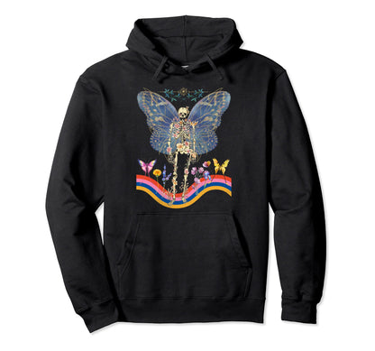 Floral Skeleton Butterfly Wings Groovy Hoodie - Minimalist Print Men Women - T-Shirt, Sweatshirt, Hoodie