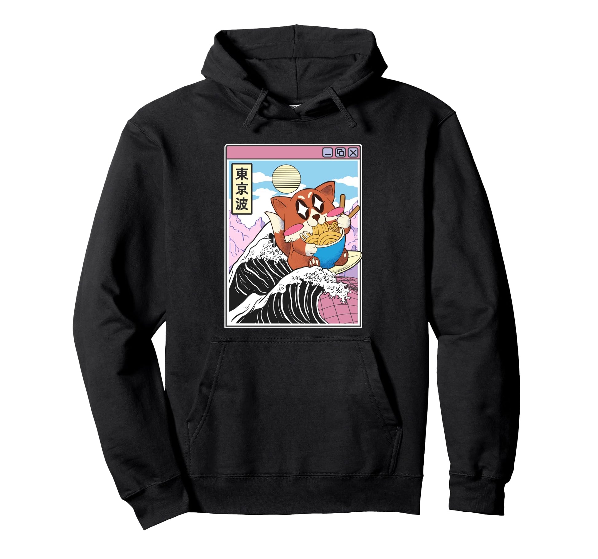 Fox Surfing Kanagawa Wave Kawaii Hoodie - Aesthetic Graphic for Adults - T-Shirt, Sweatshirt, Hoodie
