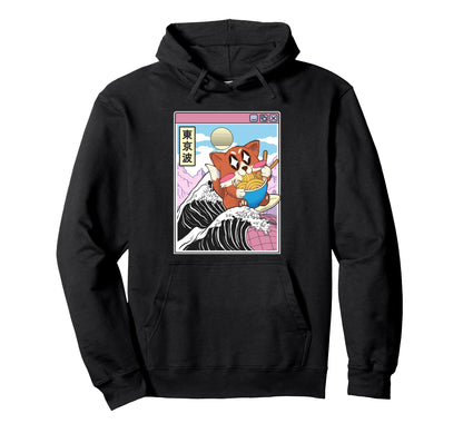 Fox Surfing Kanagawa Wave Kawaii Hoodie - Aesthetic Graphic for Adults - T-Shirt, Sweatshirt, Hoodie