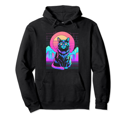 Sunset Vaporwave Aesthetic Cat Hoodie - Fun Novelty Design Men Women - T-Shirt, Sweatshirt, Hoodie