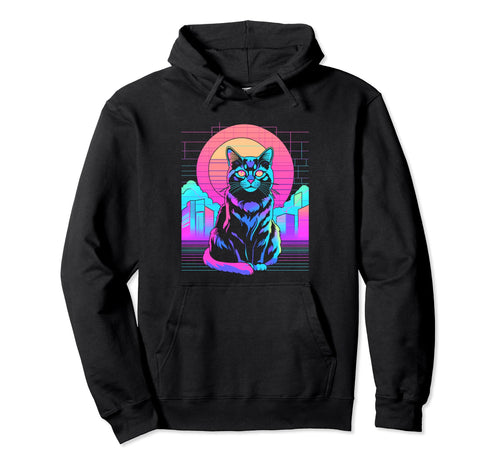 Sunset Vaporwave Aesthetic Cat Hoodie - Fun Novelty Design Men Women - T-Shirt, Sweatshirt, Hoodie