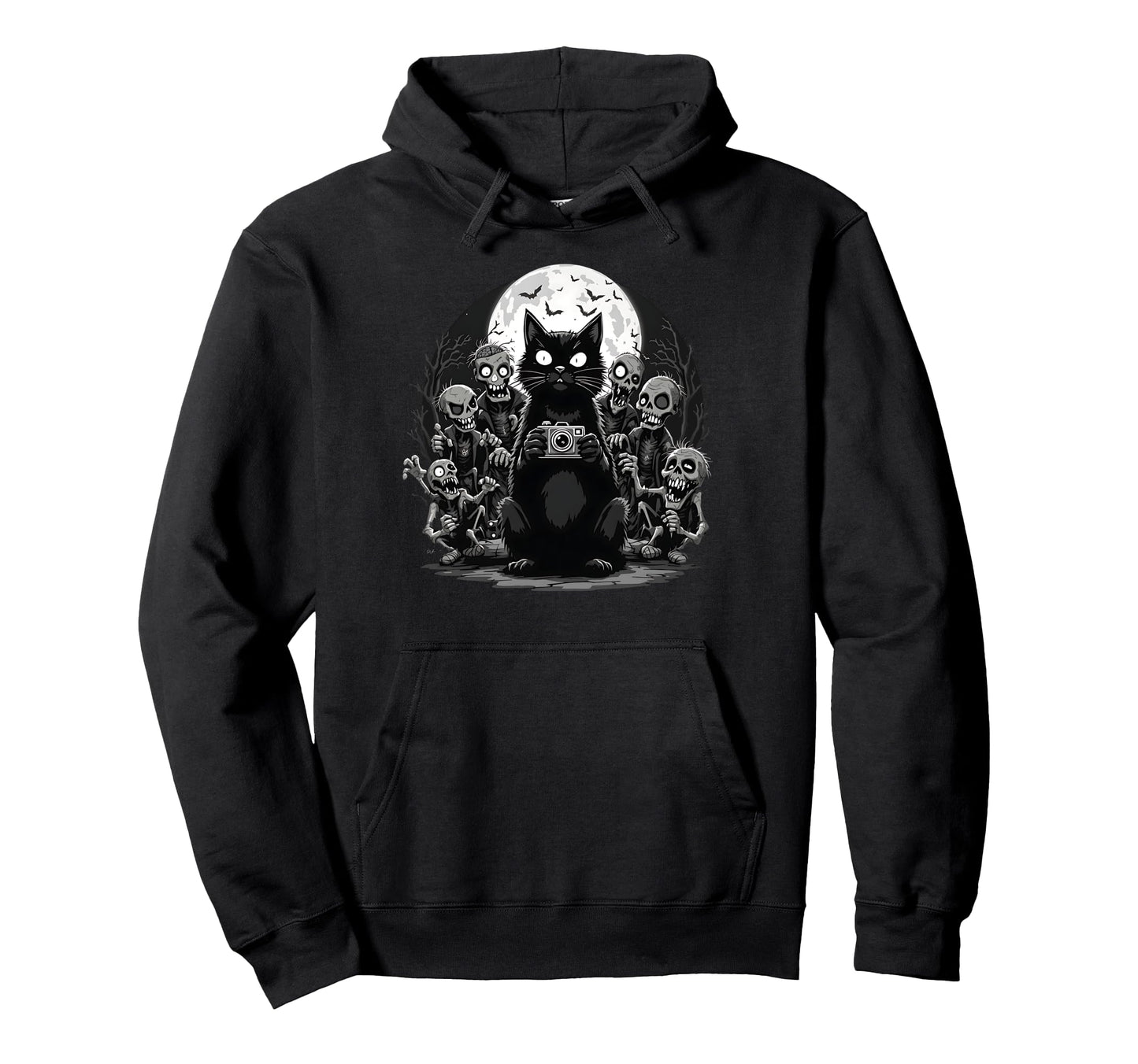 Halloween Cat Zombie Camera Spooky Hoodie - Fun Novelty Design Men Women - T-Shirt, Sweatshirt, Hoodie