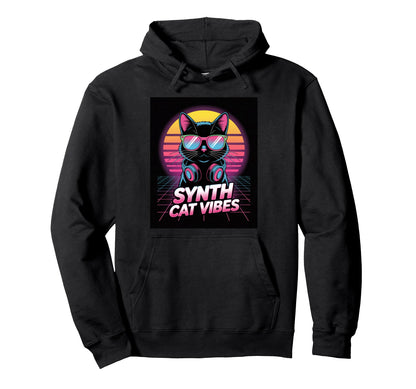 Synth Cat Vibes Synthwave Sunset Cat Hoodie - Custom Art Print for Adults - T-Shirt, Sweatshirt, Hoodie