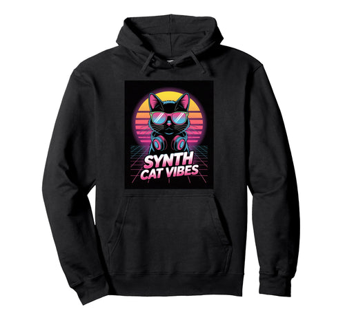 Synth Cat Vibes Synthwave Sunset Cat Hoodie - Custom Art Print for Adults - T-Shirt, Sweatshirt, Hoodie