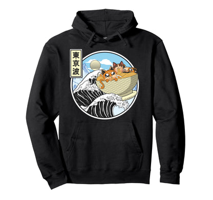Surfing Cats Eating Ramen Bowl Hoodie - Aesthetic Graphic for Adults - T-Shirt, Sweatshirt, Hoodie